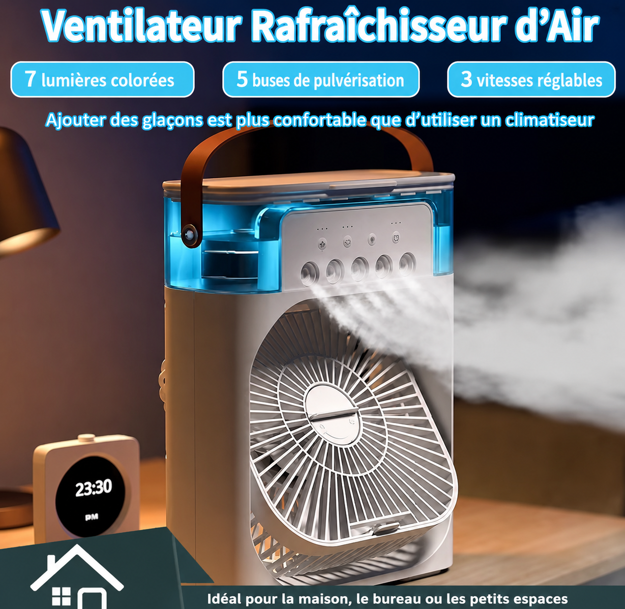 Ice Fan Cooler  aire climatisée, Mini réfrigérateur d'air pour la maison, lumière LED nocturne, humidificateur portable,
